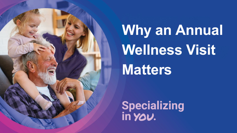 Photo of a grandpa laughing on couch while granddaughter on back